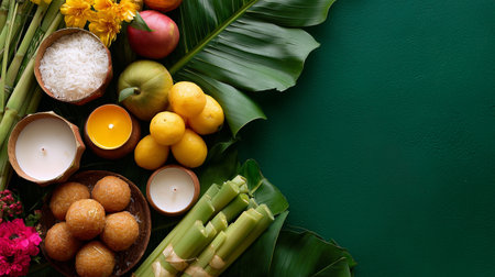 Colorful arrangement of fruits, flowers, and traditional treats for a festive celebrationの素材