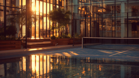 Sunset reflecting on a tranquil sports court in a modern urban settingの素材