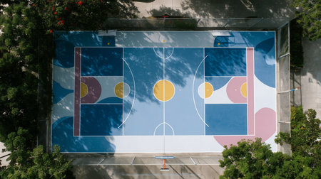 Unique basketball court design with vibrant colors and surrounding greenery in a city parkの素材