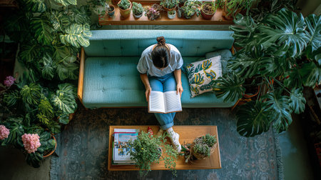 Reading quietly on a cozy sofa surrounded by indoor plants in a sunny spaceの素材