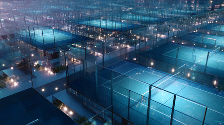 Nighttime view of illuminated tennis courts in a modern sports complexの素材