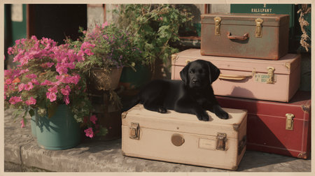 Black dog resting on a vintage suitcase surrounded by colorful flowers outdoorsの素材