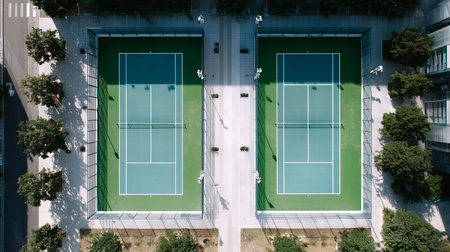 Tennis courts surrounded by trees and pathways in a vibrant city setting during daytimeの素材