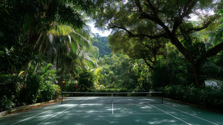 Tennis court in a tropical garden surrounded by lush greenery during the dayの素材