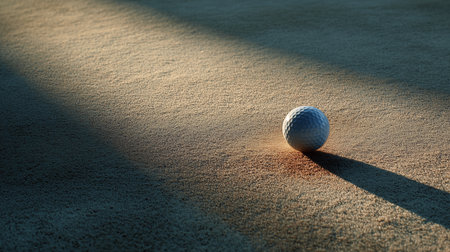 Golf ball resting on the sand in the late evening light at the golf courseの素材