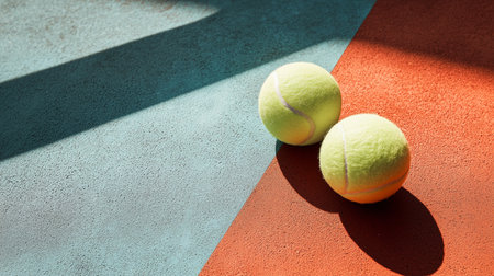Two vibrant tennis balls resting on a colored court surface in bright lightの素材