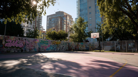 Basketball court in urban area surrounded by tall buildings and vibrant street artの素材