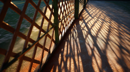 Shadows cast by a lattice fence on a sunny day near a calm water bodyの素材
