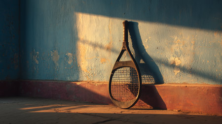 Old tennis racquet against a worn blue wall in a dimly lit room at sunsetの素材