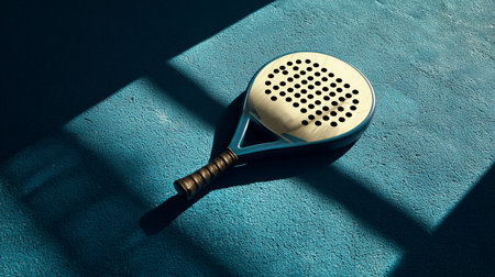 Padel racket resting on blue court surface with shadows in afternoon lightの素材