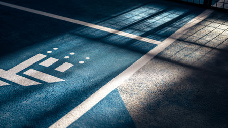 Court lines and shadows create a dynamic pattern on a blue sports surface in a sunny settingの素材