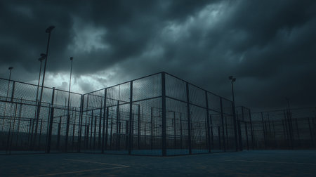 Dark storm clouds loom over empty sports courts in a desolate settingの素材