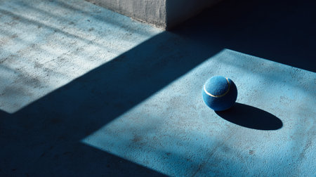 Blue tennis ball rests on a turquoise surface with shadows in a quiet indoor spaceの素材