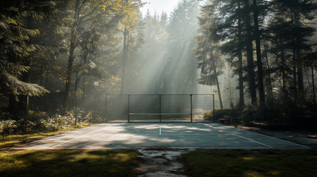 Abandoned outdoor tennis court surrounded by tall trees in a misty forest settingの素材