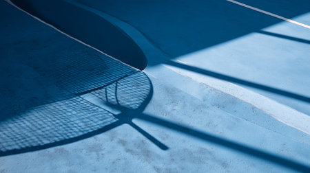 Shadows of a tennis racket on a blue court during bright daylightの素材