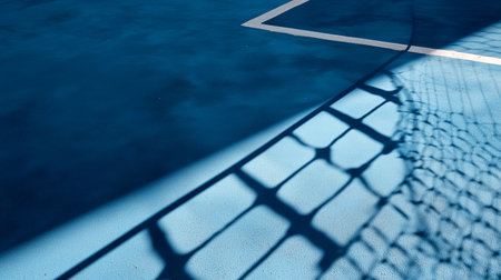 Shadow of a basketball net on blue court during bright sunlight in the afternoonの素材
