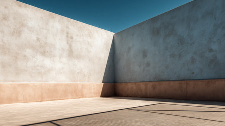 Sunlight casts shadows on a minimalist courtyard with textured walls during middayの素材