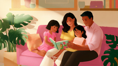 Family enjoys storytime in a cozy living room with colorful decor and plantsの素材