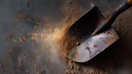 Rusty shovel creating a cloud of dust on a dark surface during clearing workの素材