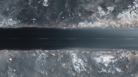 Dark road cutting through an icy landscape at dawn with scattered rocks and snowの素材