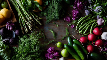 Fresh vegetables and herbs arranged beautifully on a wooden table in natural lightの素材