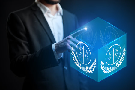 Business professional interacting with digital legal symbol in modern office settingの写真素材