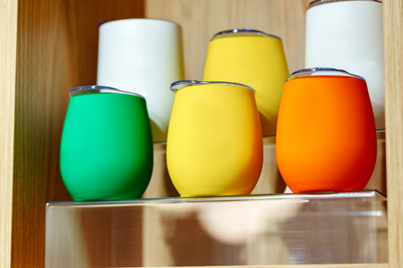 Colorful cups displayed neatly on a shelf in a modern kitchen
