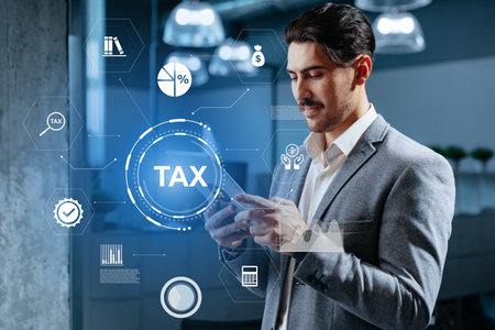 Businessman reviewing tax information with digital interface in modern office settingの写真素材