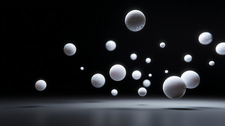 Spheres floating in dark space create a mysterious and calming atmosphereの素材