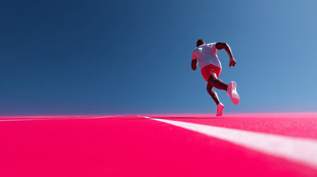 Runner on vibrant track under clear blue sky during bright daytimeの素材