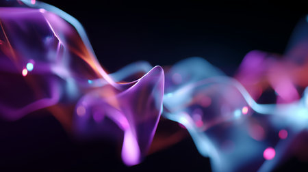Colorful abstract waves of light flowing in a dark background create a dynamic visual effectの素材