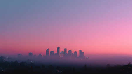 Colorful sunset over a city skyline with silhouettes of skyscrapers at duskの素材