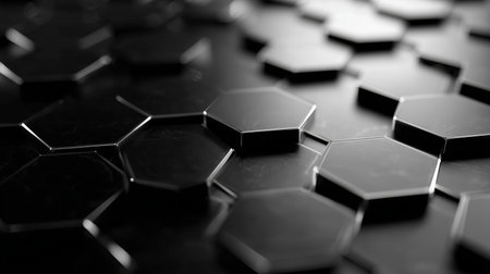 Intricate black hexagonal patterns creating a sophisticated design on a smooth surfaceの素材