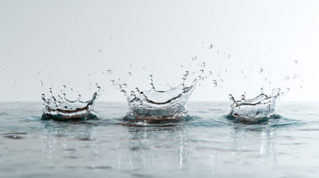 Water droplets create splashes on a calm surface in a minimalistic settingの素材