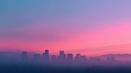 City skyline illuminated by colorful twilight hues after sunset over the horizonの素材