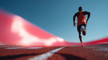 Runner crosses finish line in track event under clear blue sky during bright daytimeの素材