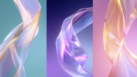 Beautiful flowing ribbons in vibrant colors blend seamlessly against a soft backgroundの素材