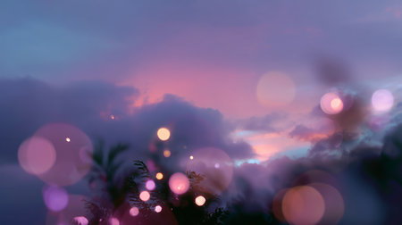 Colorful sunset with bokeh effects over clouds and trees in the evening skyの素材