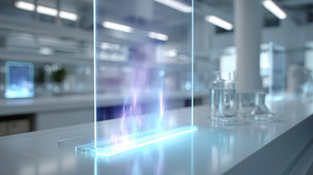Modern lab with a bright, clean setting featuring an innovative holographic displayの素材