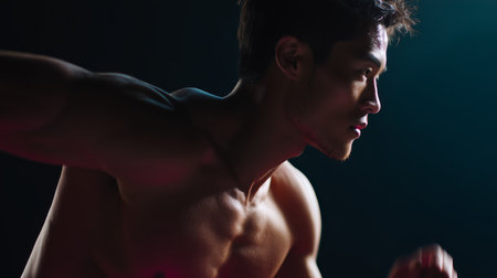 Muscular athlete training in a dark gym during a focused workout sessionの素材