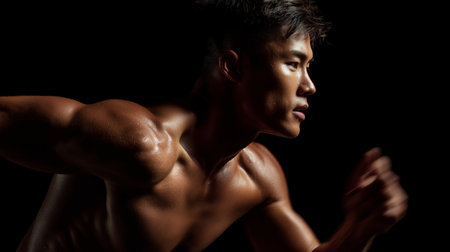 Runner in a dynamic pose showcasing strength and determination in a dark settingの素材