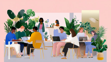Creative collaboration in a bright workspace filled with plants and people engaging with technologyの素材