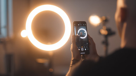 Capturing the glow from a ring light with a smartphone during a creative sessionの素材