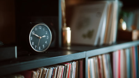 Vintage clock displayed on a shelf filled with records in a cozy settingの素材