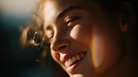 Girl smiling softly in warm sunlight with a colorful reflection on her faceの素材