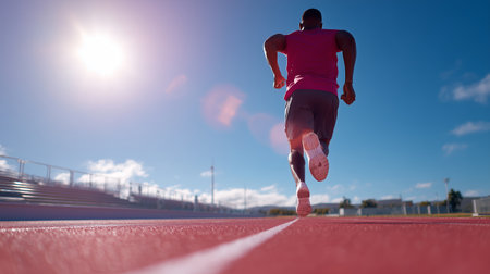 Runner training on a bright sunny day at an outdoor track in the afternoonの素材
