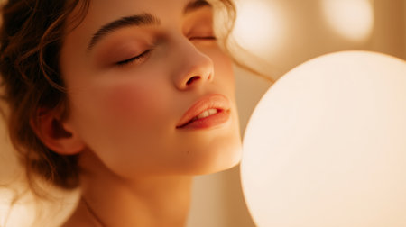 Woman with closed eyes enjoys soft light in a serene setting at evening timeの素材
