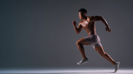 Runner sprinting in dynamic pose with a shadowy background during indoor training sessionの素材