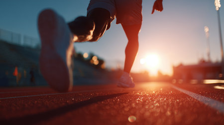 Runner sprints on track during sunset, showcasing determination and speed in evening lightの素材