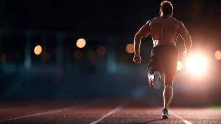 Runner sprints on a track at night under bright lights and blurred bokehの素材